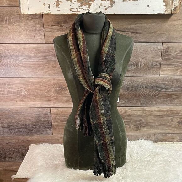 ALFANI CHENILLE Rayon Fringe Scarf Wrap Plaid Made in Italy 13 1/2”Wx66”L Unisex - Picture 1 of 9